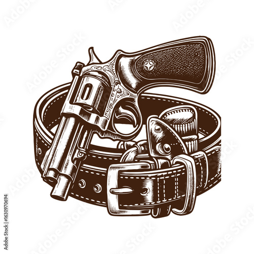 Western Gun Belt with Holster – Black and White Vector Illustration for Engraving and Tracing