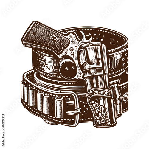 Western Gun Belt with Holster – Black and White Vector Illustration for Engraving and Tracing