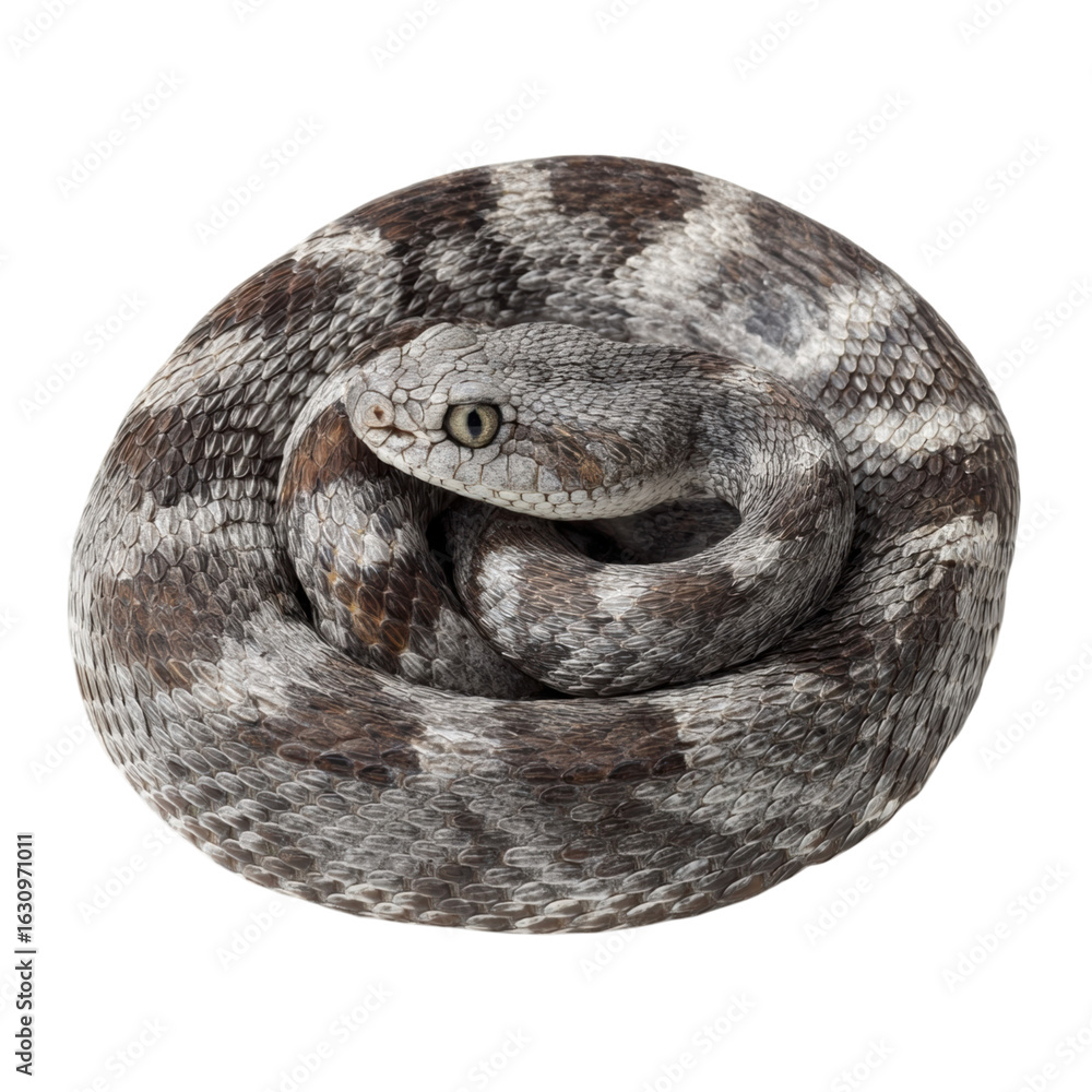 Obraz premium Detailed Close-Up of a Coiled Gray and Brown Snake in Natural Habitat