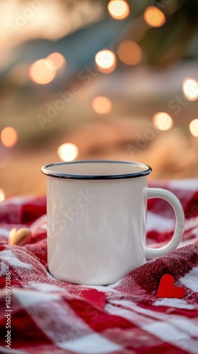 Wallpaper Mural Cozy White Mug on Red Checkered Blanket with Soft Background Lights Torontodigital.ca