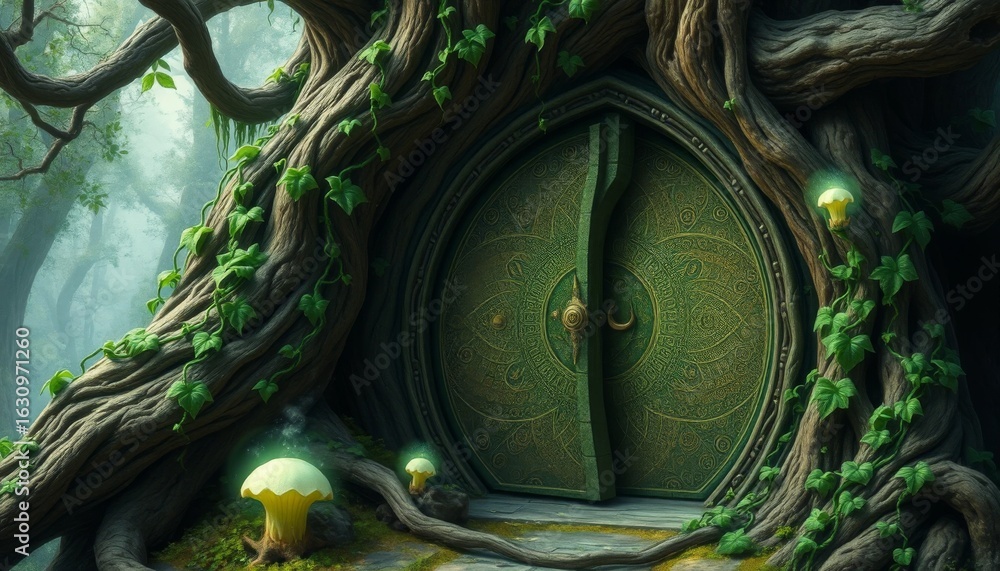Obraz premium Enchanted tree door with glowing mushrooms in a mystical forest