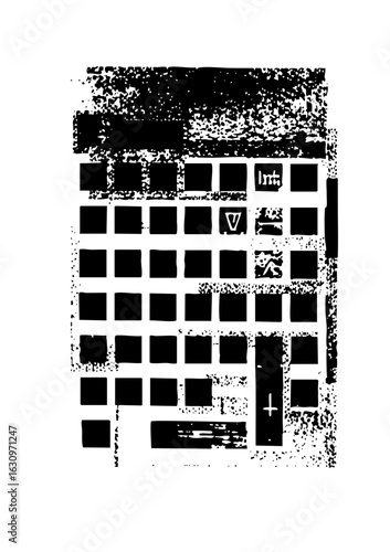Vector Abstract grid with scattered and typographic elements.