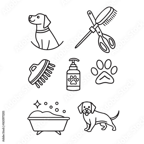 Collection of charming hand drawn illustrations depicting essential dog grooming tools and happy canine companions ready for pampering