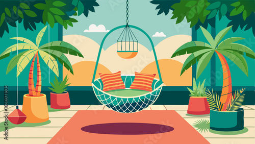 An indoor patio with a hanging swing chair surrounded by potted palm trees and colorful patterned pillows.