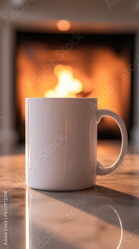 Warm Coffee Mug with Cozy Fireplace Background in Soft Lighting