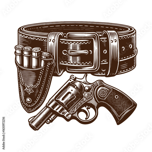 Western Gun Belt with Holster – Black and White Vector Illustration for Engraving and Tracing