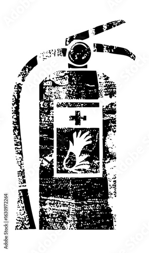 Vector Distressed fire extinguisher with flame symbol.