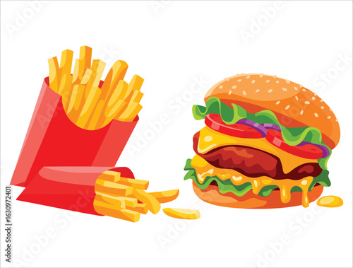French fries with a juicy burger, cheese, and vegetables in outline food art, fast food meal ideal for takeout, snack menus, and American cuisine visuals