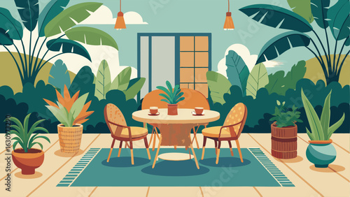 A luxurious outdoor patio featuring a wicker dining set a plush tropicalprinted outdoor rug and an abundance of potted plants.