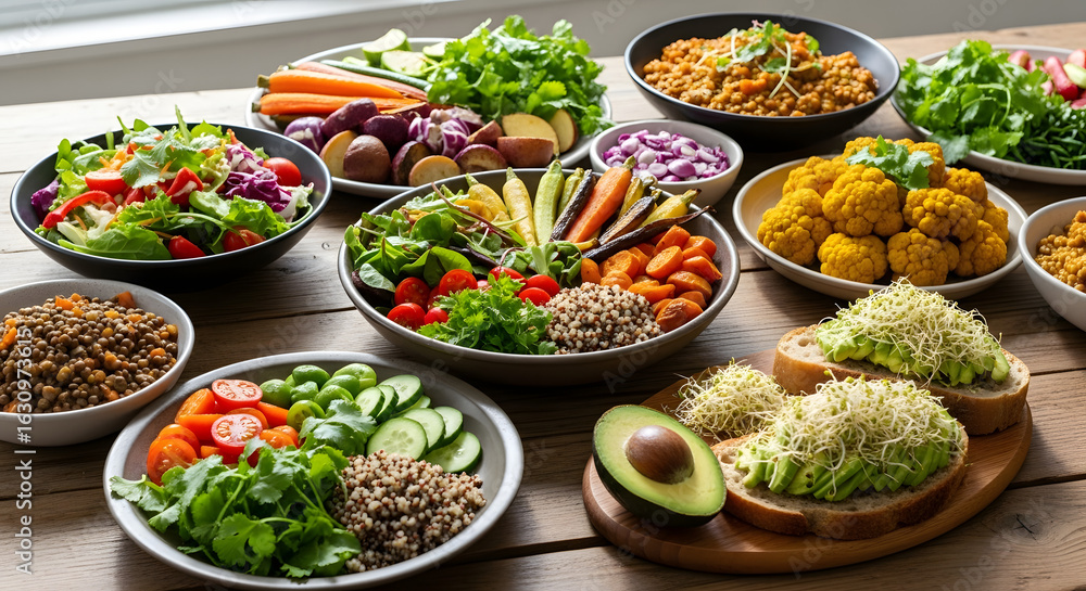 Fototapeta premium Vibrant and nutritious plant-based meal display featuring a diverse array of fresh vegetables, wholesome grains, and hearty legumes, promoting healthy eating and balanced lifestyles.