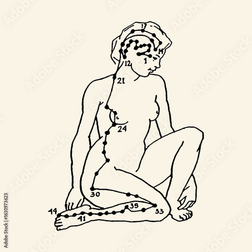 Anatomical Illustration of a Seated Figure with Labeled Meridian Points.