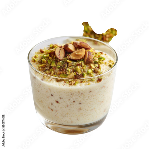 Creamy Yogurt Dessert with Nuts and Pistachios in Glass Cup
