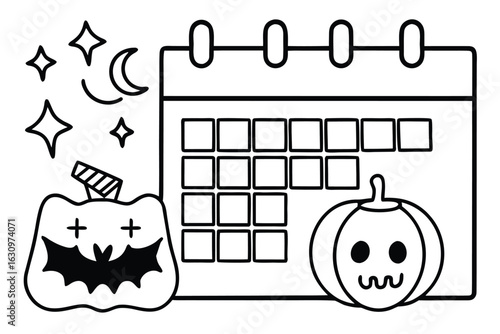 Black and white line art Halloween calendar with pumpkins and stars date reminder