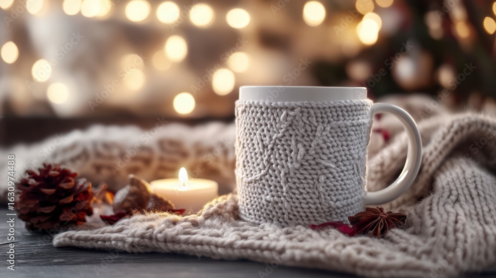 Fototapeta premium Cozy White Mug with Knitted Sleeve on Rustic Wooden Table