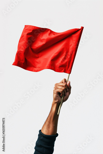 Hand holding up a bright red flag on pole against plain white background symbolizing warning danger alert or protest concept