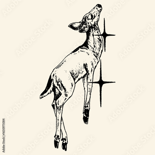 Stylized Black and White Deer with Stars.