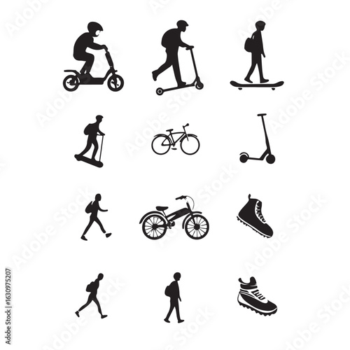 Collection of silhouettes of people riding scooters skateboards bicycles and walking demonstrating urban mobility and active lifestyles