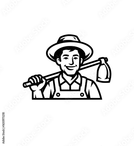 Smiling Farmer with Hoe Organic Agriculture Logo