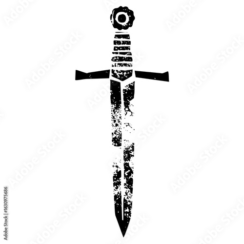 Vector Detailed black silhouette of a medieval dagger with ornate hilt.