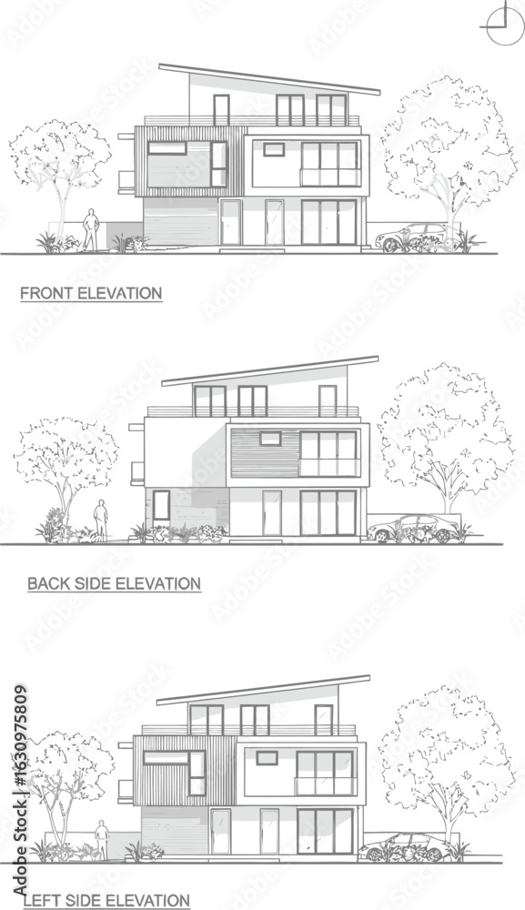 Naklejka premium Architectural elevations of a modern multi story house with trees and landscaping showing front side and rear views