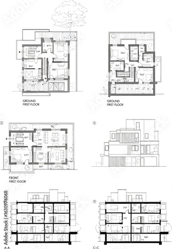 Architectural floor plans and elevations showcasing modern residential building design with detailed blueprints and construction drawings