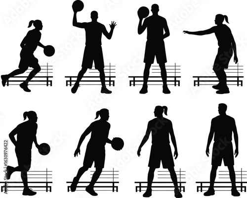 Basketball Silhouette Action: Dynamic silhouettes depict basketball players in various action poses, showcasing the fluidity and athleticism of the sport. The illustration highlights the grace, skill.