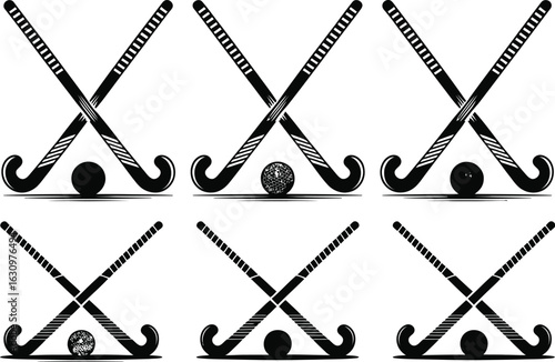 Hockey Equipment Array: An array of hockey sticks and balls, illustrating the sport's essential equipment. A perfect emblem for the game