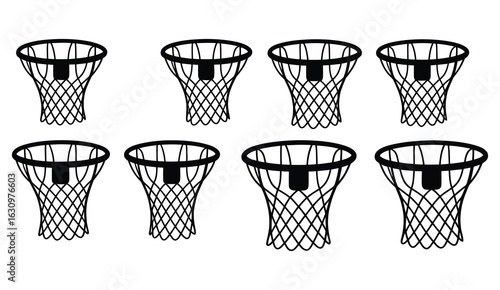 Basketball Hoops: A collection of basketball hoops with intricately woven nets stand in stark contrast against a crisp field. They symbolize sportsmanship and the essence of basketball. 