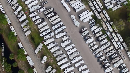 Large parking lot of local dealer with many new RV trailers parked for sale. Distribution of manufactured camping vehicles.