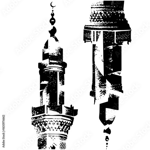 Vector Detailed monochrome illustrations of Islamic minarets with moon finials.