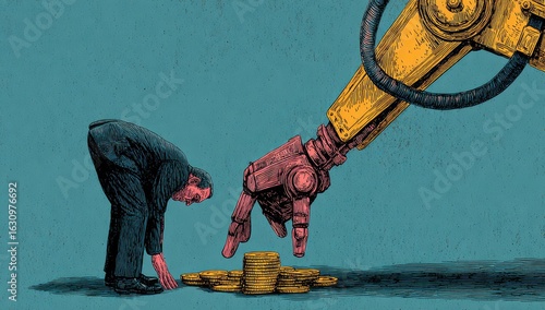 Businessman bowed before robotic arm over coins
