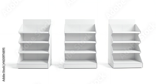 Three blank white retail display shelves product mockup store shelving empty shelves tiered