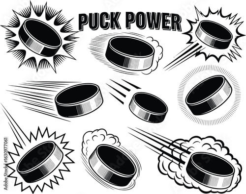 Collection of dynamic hockey puck illustrations in a retro comic style, depicting speed and impact on a white background.