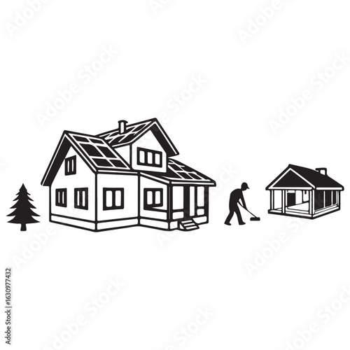 Sketch of a modern house with solar panels and a smaller adjacent building with a person sweeping the driveway