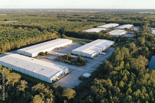 Aerial view of multiple white industrial buildings, surrounded by trees and a body of water