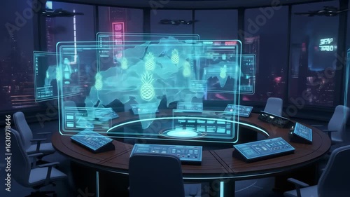 Futuristic command center with digital interface displaying global network data and world map.