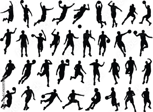 Collection of dynamic basketball player silhouettes. A vector graphic set showing athletes in various action poses, isolated on a white background.
