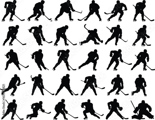 A collection of 30 black silhouettes of ice hockey players in various action poses, arranged in a grid and isolated on a white background.