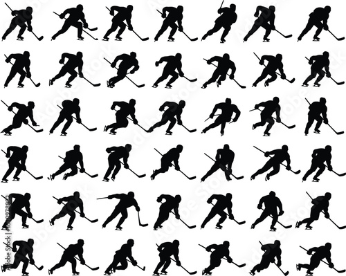 Set of ice hockey player silhouettes in various action poses. Vector collection of athletes skating and playing on ice.