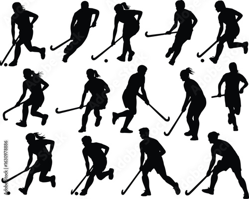 A versatile collection of field hockey player silhouettes in dynamic action poses. Vector graphic showing athletes with sticks and ball.