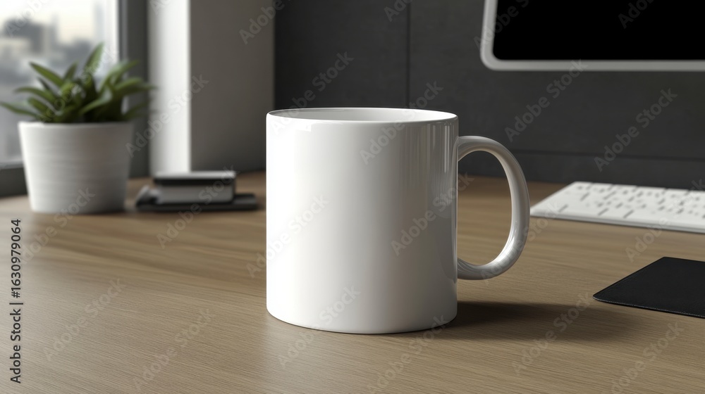 Obraz premium Empty White Coffee Mug on Desk in Modern Office Environment