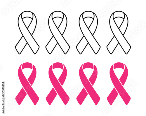 A collection of pink awareness ribbons and outline icon styles. Vector graphic symbols for health campaigns and charity support.