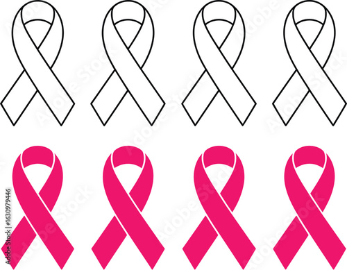 A set of pink and outline awareness ribbons, a vector graphic for breast cancer support and health awareness campaigns.