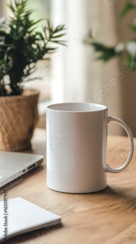 Wallpaper Mural White Coffee Mug on Wooden Table with Green Plant in Background Torontodigital.ca