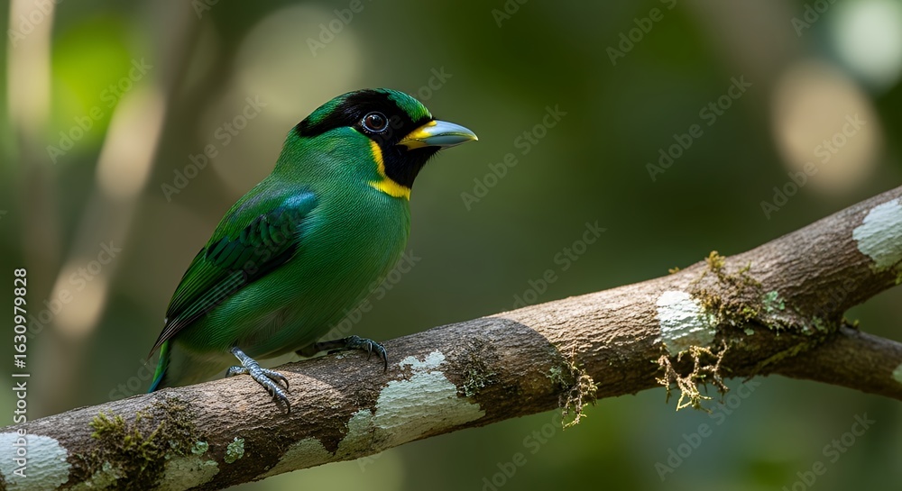Naklejka premium A vibrant green bird perches on a tree branch.
