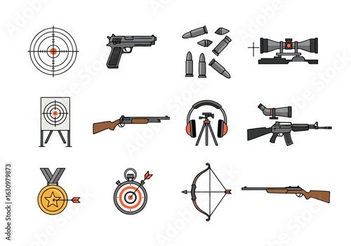 Collection of shooting and archery sports icons recreation