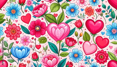 Wallpaper Mural Colorful floral pattern with hearts Torontodigital.ca