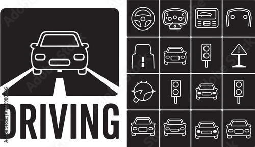 Car driving symbols and text road steering wheel