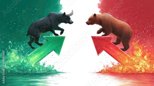 Clashing Forces Bull and Bear on fiery arrows, a dramatic market showdown. Green and red flames engulf the scene.