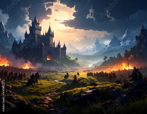 Epic medieval battle at sunrise